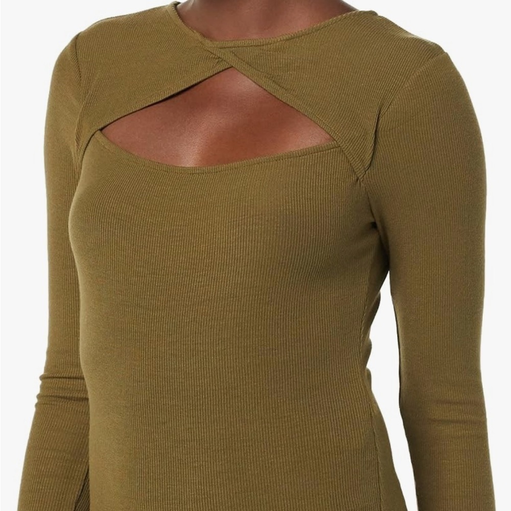 NWT, Daily Rituals, Dark Green, Fine Rib Long Sleeve Cutout Thong Bodysuit, L‎
